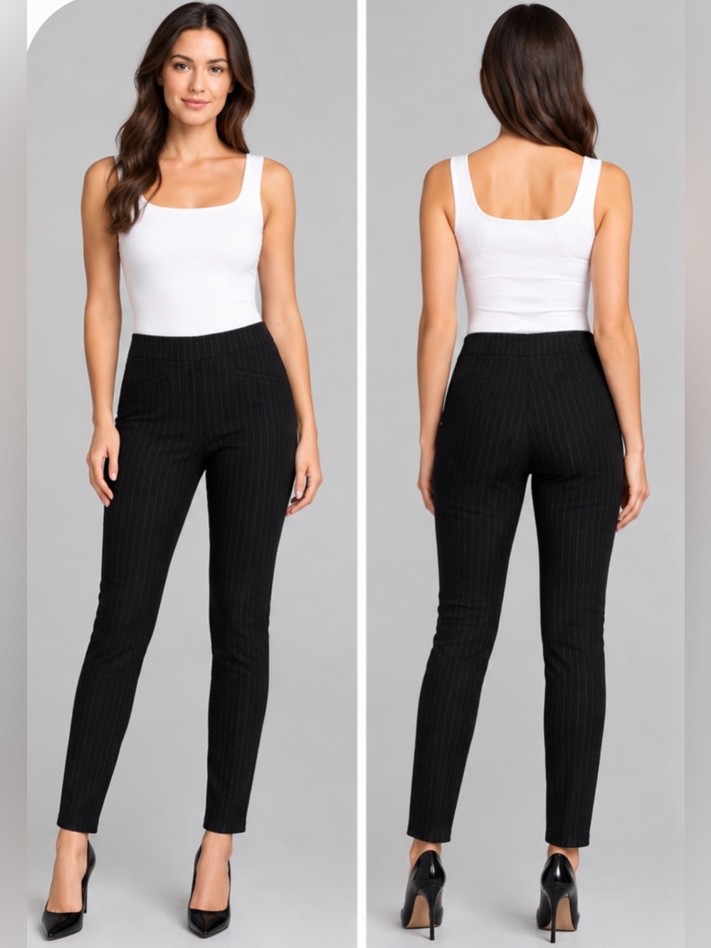NWOT T Tahari Black Pinstripe Skinny Pants Side Zip 8
